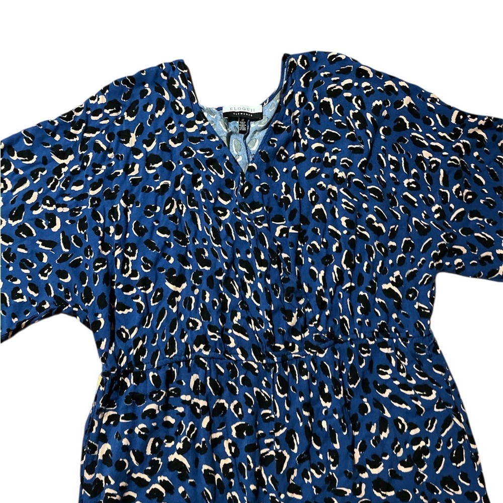 Eloquii 22 Navy and Tan Patterned Leo Print Wide Leg Plunge Neck Loose Jumpsuit - Picture 5 of 11